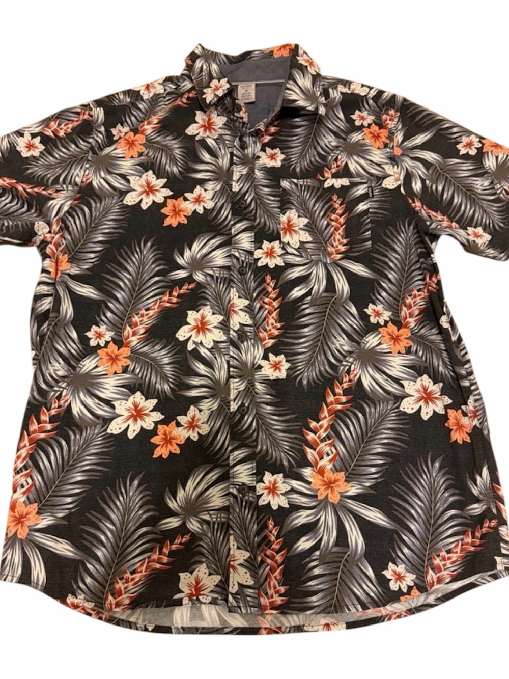 Hurley Black Hawaiian Shirt with Orange & White Floral Print Short Sleeve Sz M